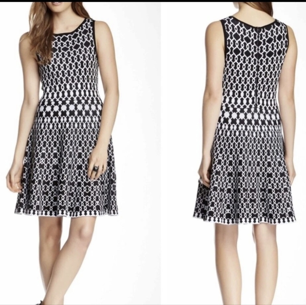 Alice + Olivia Black and White Geometric Sleeveless‎ Fit-and-Flare Dress ⚠️⬇️